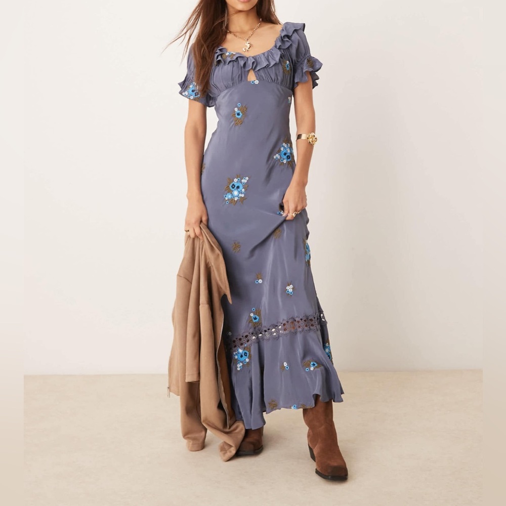 NWOT Free People Blue Embroidered Floral Maxi Dress